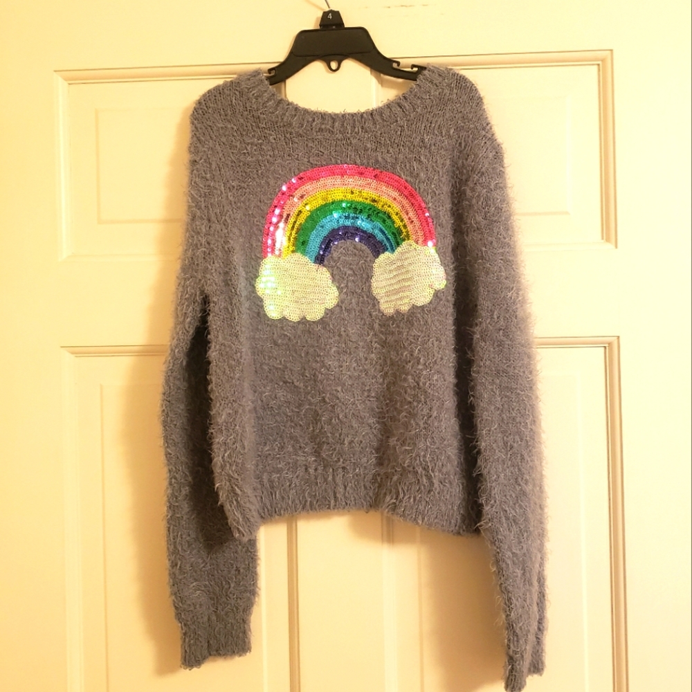 Wonder Nation gray fuzzy sweater with sequined rainbow, M (7-8)